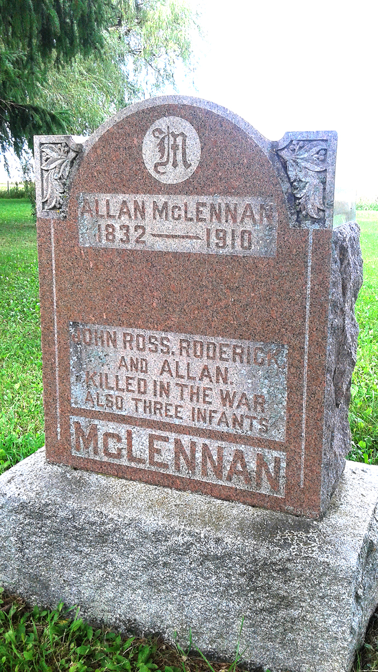 Photo of headstones/Allan McLennan 1832-1910 hdstn Queen Hill Cem Bruce Cty frm Sue Schlorff